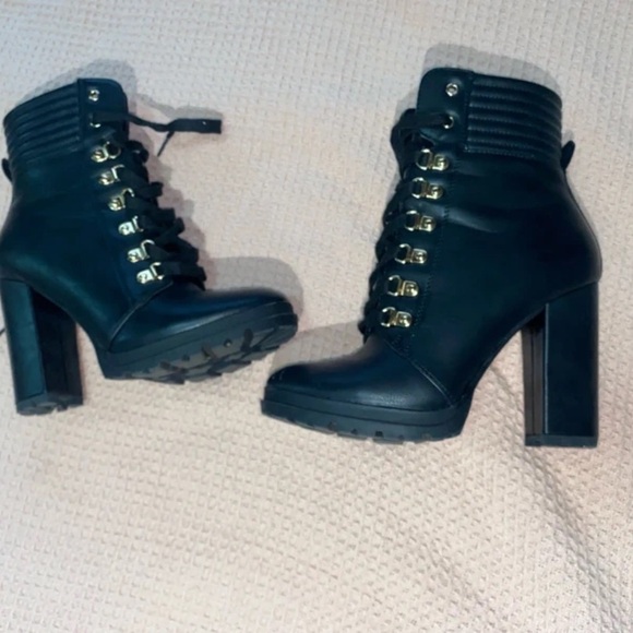 JustFab Black Lace-Up Heeled Boots with Gold Accents - Picture 3 of 8
